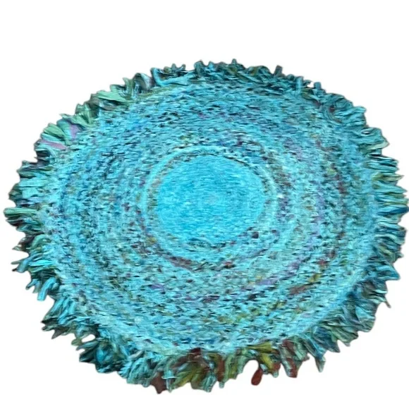 NWOT Handmade Braided Multi Color Block Rag Rug With Fringe Round Rug, - Picture 2 of 8